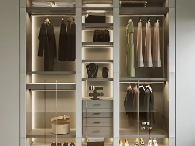 Modern Wardrobe Interior Design With Hanging Clothes Drawers Shoes Accessories And Lighting 3d model