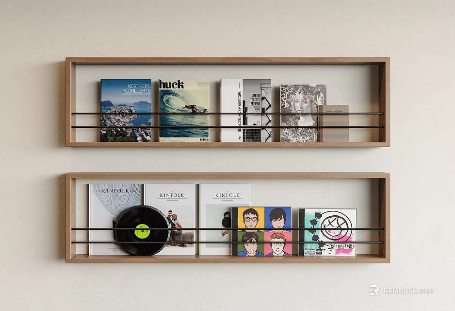 Two Tier Wooden Bookshelf Wall Mounted With Books Vinyl Record And Comic Books 3d model 