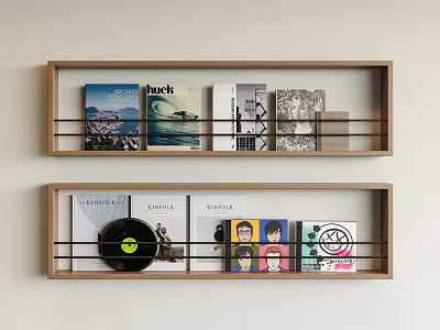 Two Tier Wooden Bookshelf Wall Mounted With Books Vinyl Record And Comic Books 3d model
