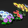 Vibrant Mixed Color Flowers Including Sunflowers Purple Blue Pink Blooms Arranged Against Black Background
