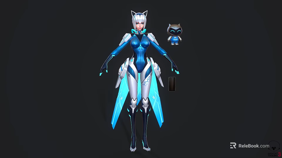 Game Movie Character With Blue White Armor Cat Ears Blue Wings And Small Raccoon Companion 3d model 