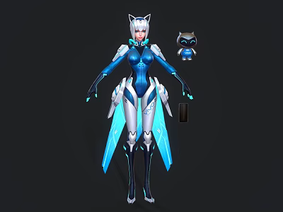 Game Movie Character With Blue White Armor Cat Ears Blue Wings And Small Raccoon Companion 3d model