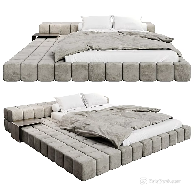 Modern Upholstered Double Bed With Square Tufted Frame And Soft Bedding Pillows 3d model 