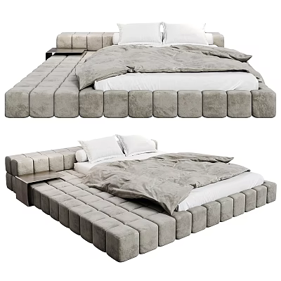Modern Upholstered Double Bed With Square Tufted Frame And Soft Bedding Pillows 3d model