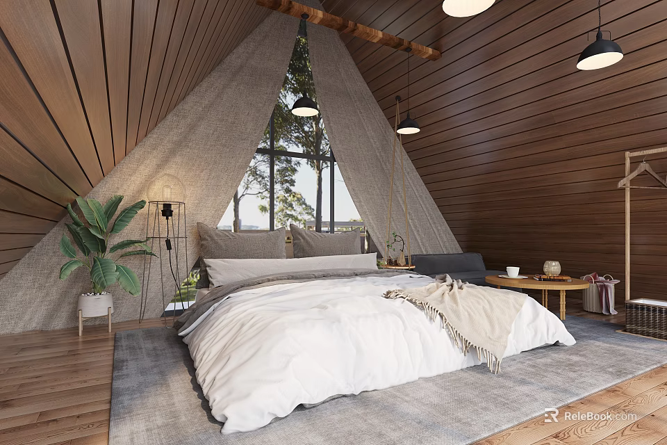 Cozy Hotel Guest Room With Triangular Wooden Walls Large Window Comfortable Bed And Green Plant 3d model 