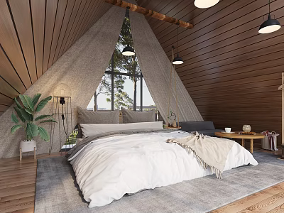 Cozy Hotel Guest Room With Triangular Wooden Walls Large Window Comfortable Bed And Green Plant 3d model