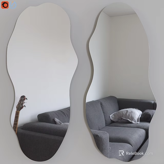 Unique Irregular Shaped Mirror Reflecting Grey Sofa Pillow and Guitar in Modern Living Room 3d model 