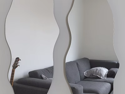 Unique Irregular Shaped Mirror Reflecting Grey Sofa Pillow and Guitar in Modern Living Room 3d model