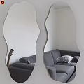Unique Irregular Shaped Mirror Reflecting Grey Sofa Pillow and Guitar in Modern Living Room