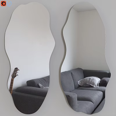 Unique Irregular Shaped Mirror Reflecting Grey Sofa Pillow and Guitar in Modern Living Room 3d model
