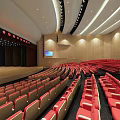 Modern Auditorium Interior With Red Seats Stage Large Screen And Wooden Walls