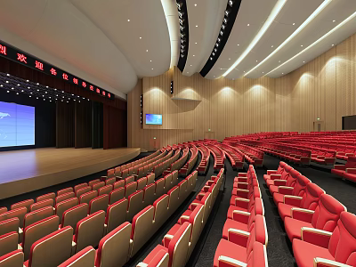 Modern Auditorium Interior With Red Seats Stage Large Screen And Wooden Walls 3d model