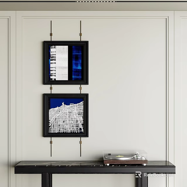 Two Black Framed City Line Artworks With Blue Background On Wall And Table Transparent Vinyl 3d model 