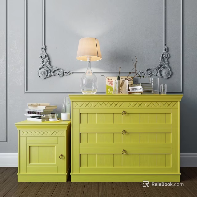 Stylish Yellow Entryway Cabinet And Side Cabinet With Table Lamp Books And Ornate Decor 3d model 
