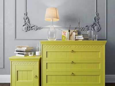 Stylish Yellow Entryway Cabinet And Side Cabinet With Table Lamp Books And Ornate Decor 3d model