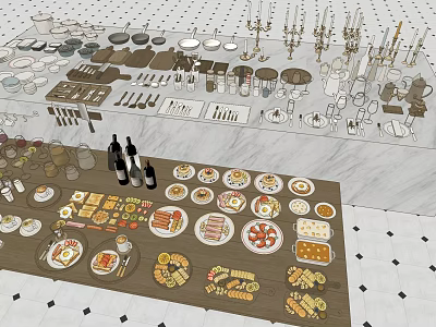 Assorted Food Dishes on Plates with Wine Bottles and Kitchen Utensils 3d model
