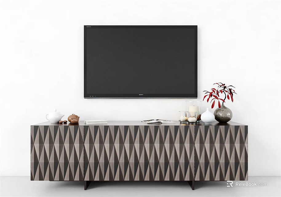Modern TV Stand With Geometric Brown Gray Pattern And Flat Screen TV Decorative Vases Plant 3d model 