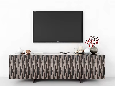 Modern TV Stand With Geometric Brown Gray Pattern And Flat Screen TV Decorative Vases Plant 3d model