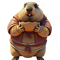 Cute Cartoon Reptile Character Wearing Red Outfit Holding Bowl in Standing Pose