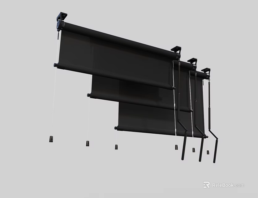 Black Roller Blinds For Windows With Metal Brackets And Pull Cords Design 3d model