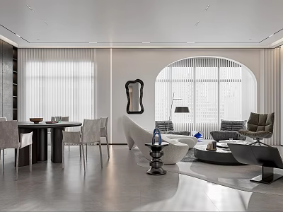 Modern Living And Dining Room Interior Design With Sofa Dining Table Round Mirror And Windows 3d model