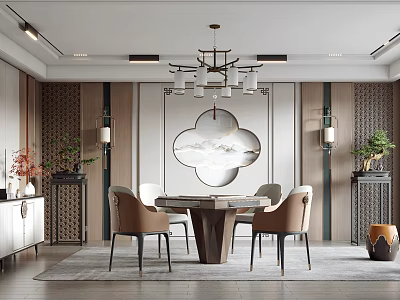 Elegant Hotel Mahjong Room With Chinese Style Chandelier And Wooden Tables Chairs Decor 3d model