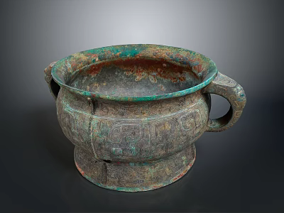 Ancient Carved Bronze Sculpture Ritual Vessel With Intricate Patterns And Two Handles 3d model