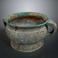 Ancient Carved Bronze Sculpture Ritual Vessel With Intricate Patterns And Two Handles