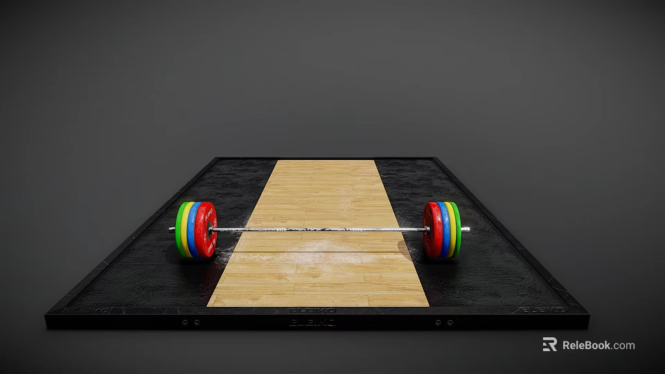 Sports Equipment Barbell With Colorful Weight Plates On Black Mat And Wooden Board 3d model 