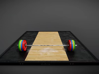 Sports Equipment Barbell With Colorful Weight Plates On Black Mat And Wooden Board 3d model