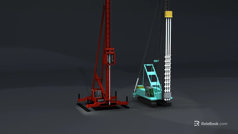 Heavy Duty Red And Blue Industrial Pile Driving Equipment With Tall Drill Rods And Steel Structures 3d model 