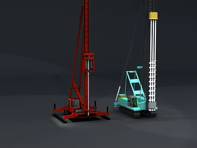Heavy Duty Red And Blue Industrial Pile Driving Equipment With Tall Drill Rods And Steel Structures 3d model