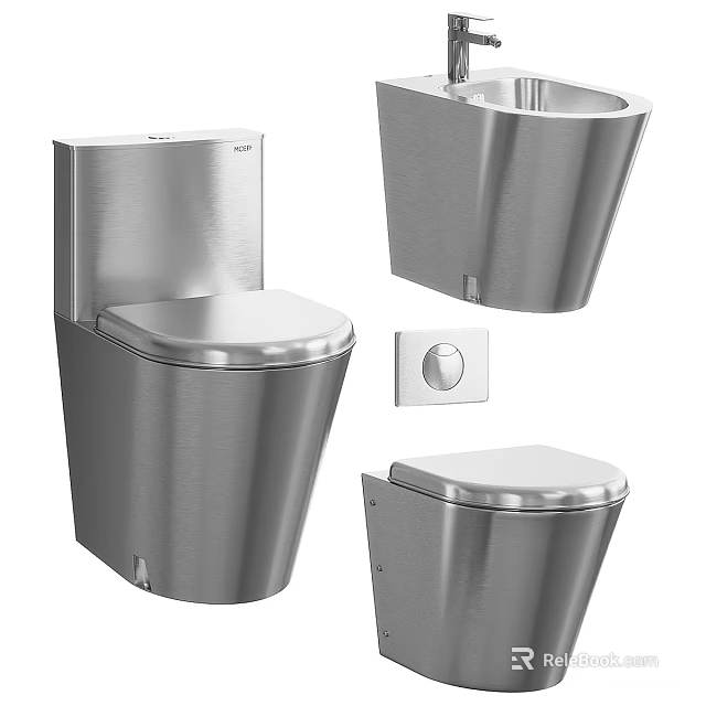 Stainless Steel Toilet With Tank Bowl And Flush Button Design 3d model 