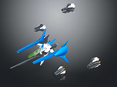 Main Blue Sci-Fi Aircraft Model With White Accents And Smaller Miniature Units 3d model