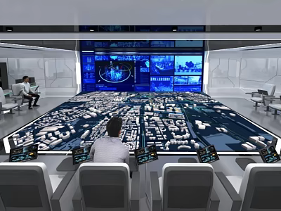 Modern Command Center With Interactive City Model Large Digital Screens And Staff Monitoring 3d model