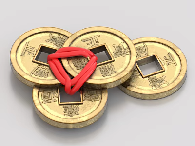 Golden Ancient Coin Decorative Ornament Set With Red Braided Accent For Home Decor 3d model