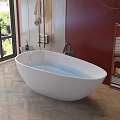 Stylish Bathroom Interior With White Freestanding Bathtub Red Wall And Herringbone Wooden Floor