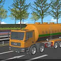 Yellow Concrete Transport Truck Driving On Road With Trees And Guardrails