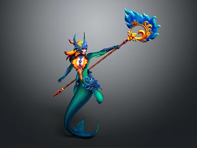 Mythical Mermaid Character With Ornate Attire Holding Blue Flame Staff and Decorative Horns 3d model
