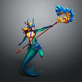 Mythical Mermaid Character With Ornate Attire Holding Blue Flame Staff and Decorative Horns