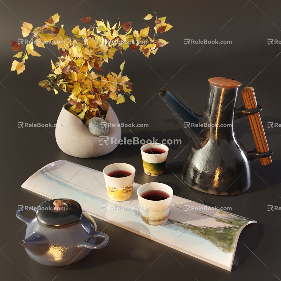 Tea Set Combination Tea Tea Set Teapot Teacup Kettle Vase Flower Green Plant Tea Tray Decoration 3d model