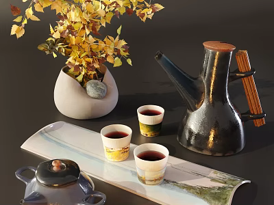 Modern Tea Set with Teapot Teacups and Decorative Tray alongside Vase with Yellow Leaves 3d model
