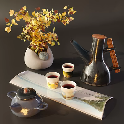 Modern Tea Set with Teapot Teacups and Decorative Tray alongside Vase with Yellow Leaves 3d model