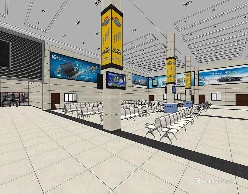 Spacious Service Hall Interior With Yellow Pillars White Waiting Chairs And Information Screens 3d model 