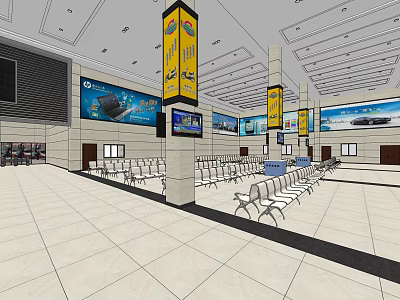 Spacious Service Hall Interior With Yellow Pillars White Waiting Chairs And Information Screens 3d model