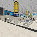 Spacious Service Hall Interior With Yellow Pillars White Waiting Chairs And Information Screens