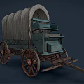 Vintage Horse Drawn Wagon With Canvas Cover And Wooden Wheels On Blue Retro Body