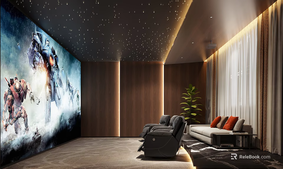 Modern Home Theater Room With Starry Ceiling Wooden Walls Large Projection Screen And Recliner Chairs 3d model 
