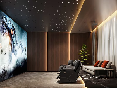 Modern Home Theater Room With Starry Ceiling Wooden Walls Large Projection Screen And Recliner Chairs 3d model