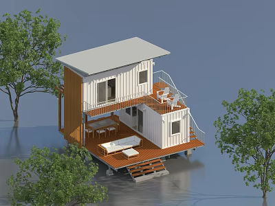 Two Story Container House With Wooden Exterior Outdoor Deck And Staircase Surrounded By Trees 3d model